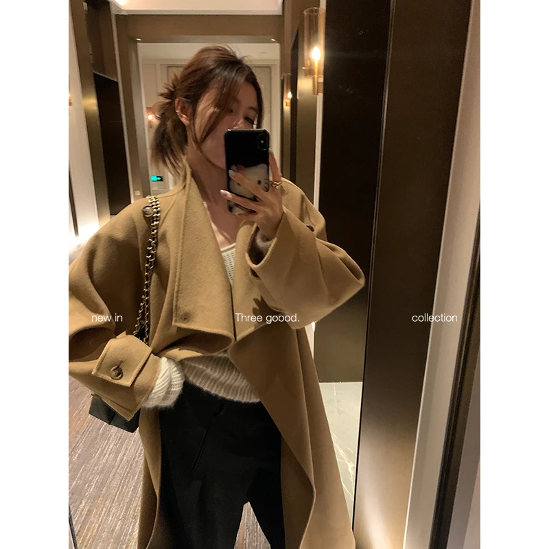 THREEGOOOD/三吉100羊毛简约大气大翻领长款双面呢外套Y725Z16110