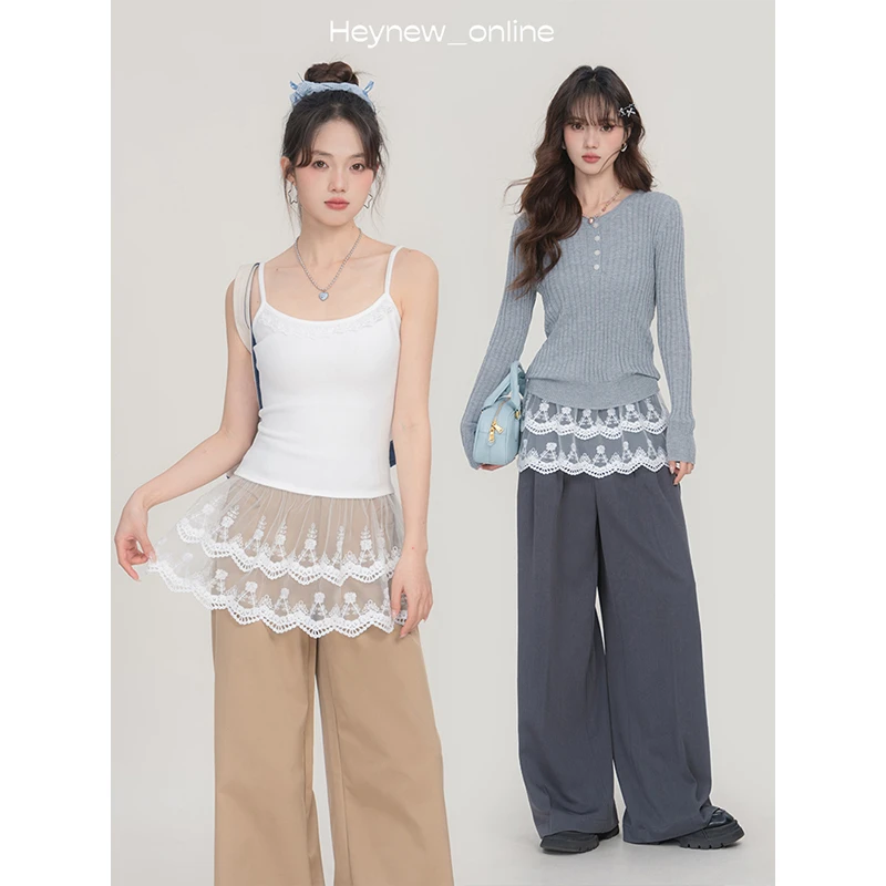 【年中清清】白色拼接蕾丝花边吊带背心女春夏新款显瘦打底-5C350