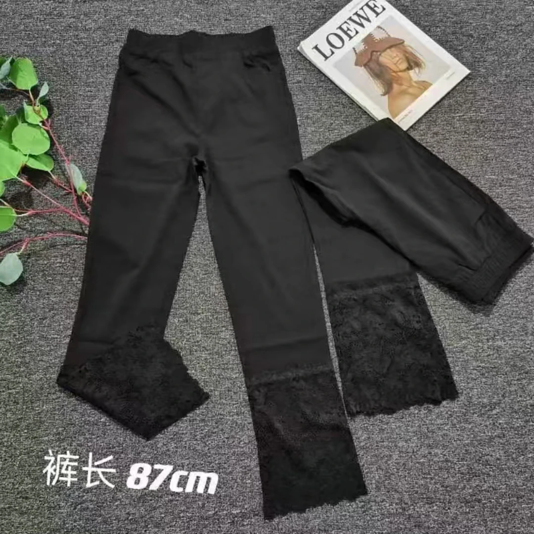 轻熟风拼接夏季休闲裤打底裤高腰拼接蕾丝纸皮裤弹力直筒