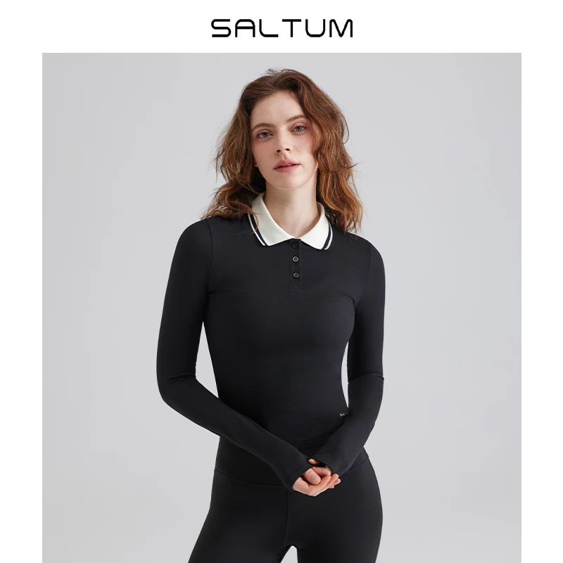 saltum运动polo衫女长袖撞色翻领修身显瘦复古休闲秋季运动网球服
