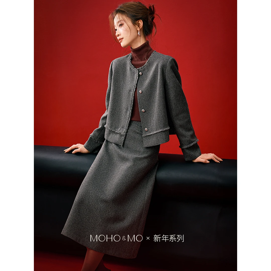 沫晗依美【法式慵光】26春季新款软含羊毛法式气质长裙套装