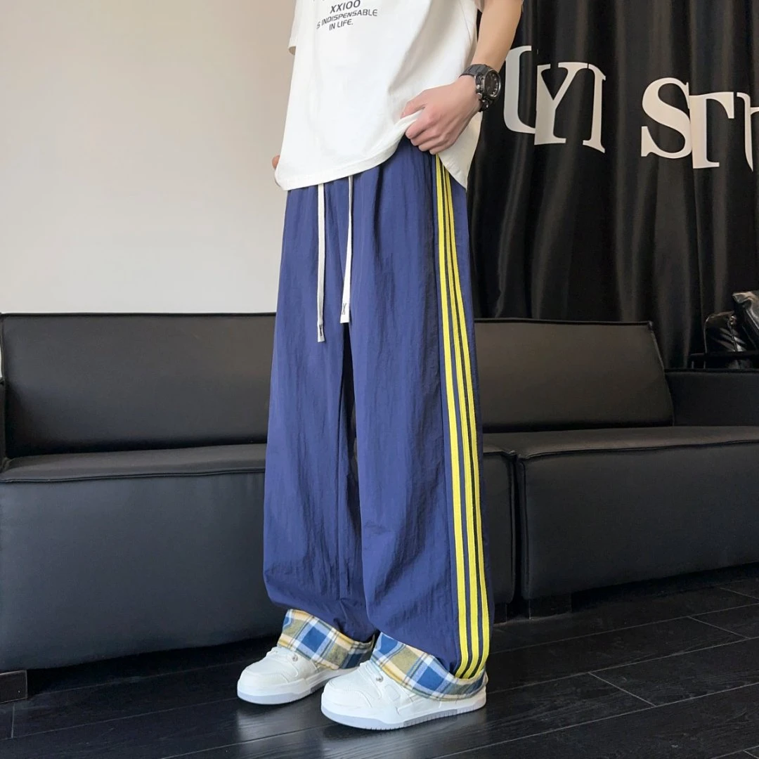 引创休闲裤子男2025春秋季条纹拼接潮流直筒大码百搭宽松运动裤子