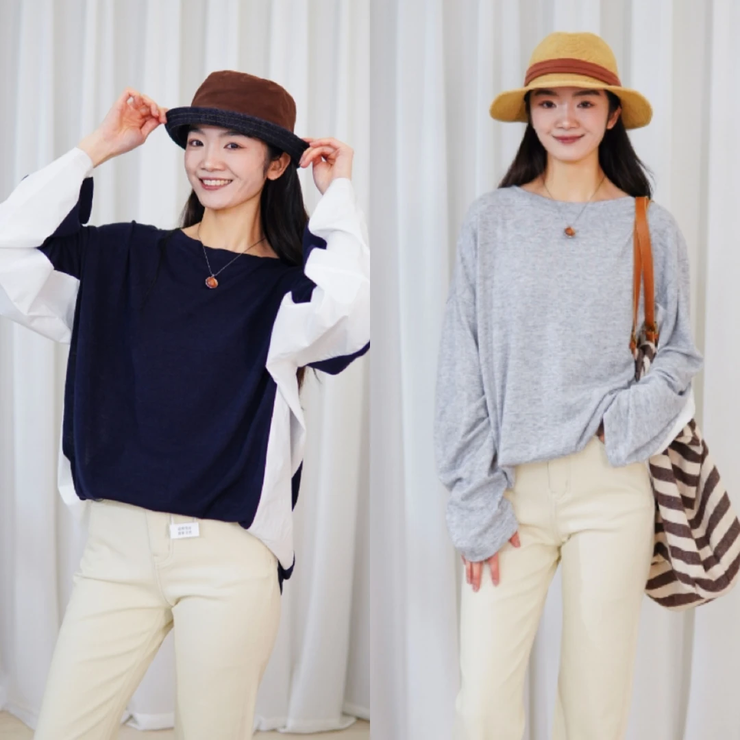 CHUN·「斯蒂凡那长袖拼接大T」时尚休闲百搭宽松简约减龄设计感日常