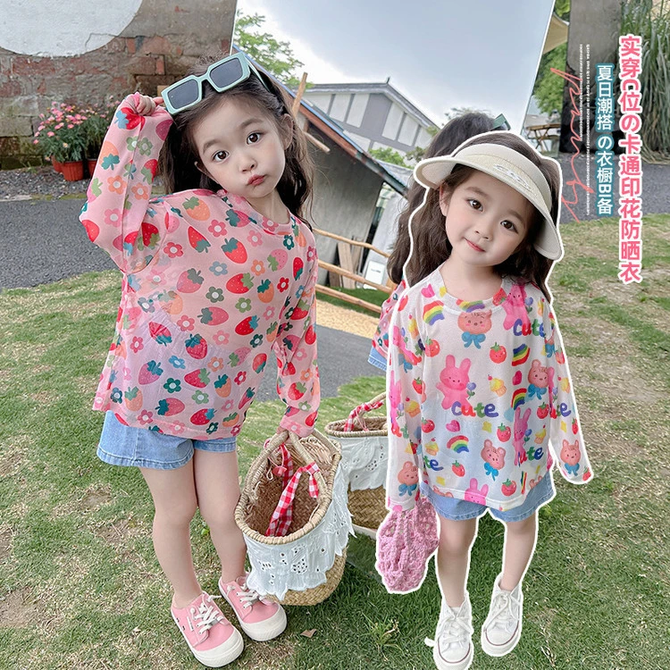 N女童透气孔卡通防晒衣儿童圆领卡通长袖恤女小童上衣夏装2025新