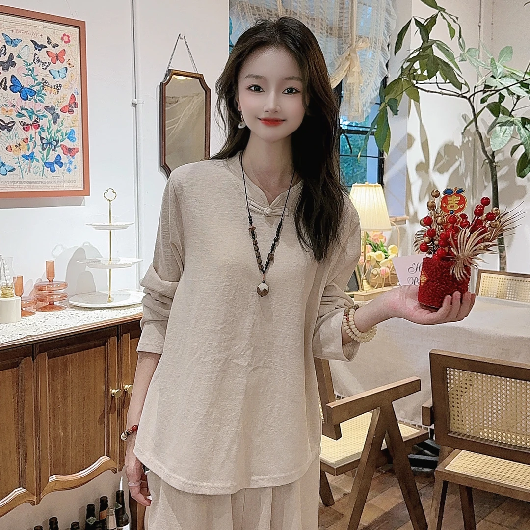 新中式立领盘扣弹力舒适透气纯色小衫女秋季新款遮肉显瘦打底衫