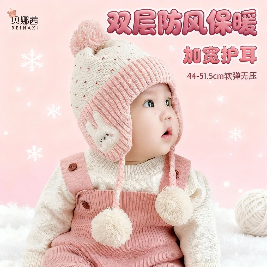 Beinaqian/贝娜茜宝宝帽子秋冬季婴幼儿针织帽冬季儿童外出护耳帽