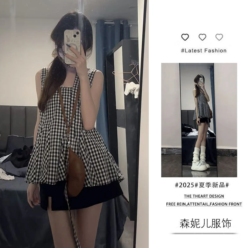 夏季穿搭一整套2025年新款韩版时尚格子吊带上衣显瘦短裙两件套装