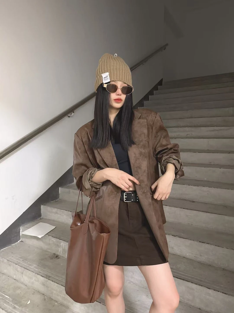 高级设计感pu皮衣西装外套女2025春秋季韩版宽松休闲拼色西服上衣