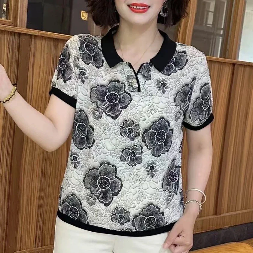 夏季新款宽松女士短袖T恤气质大码妈妈装透气显瘦气质百搭印花T恤