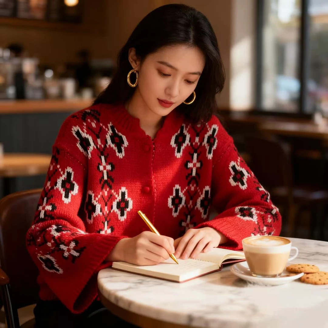 33号-针织开衫女秋季新款韩版本命年新年红色复古提花气质外套