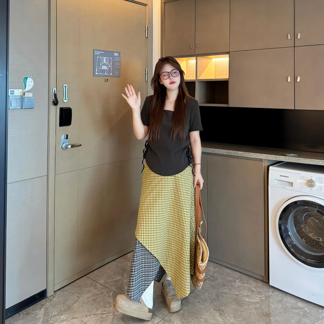 盈盈&南岛风大码女装百搭简约短袖夏胖mm显瘦格子半裙套装ZYY1981