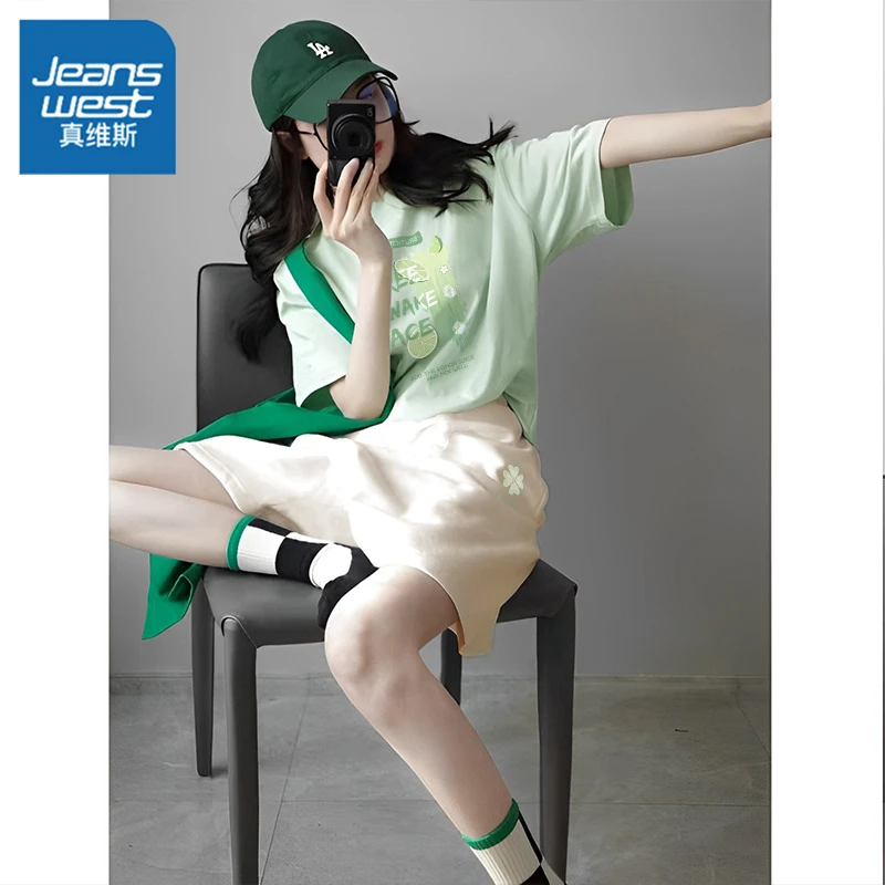 真维斯 夏季浅色印花套装宽松T恤华夫格三分裤休闲甜美风ins百搭