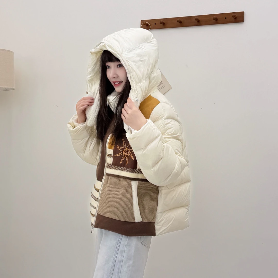 木里咕咕拼接连帽羽绒服宽松休闲感