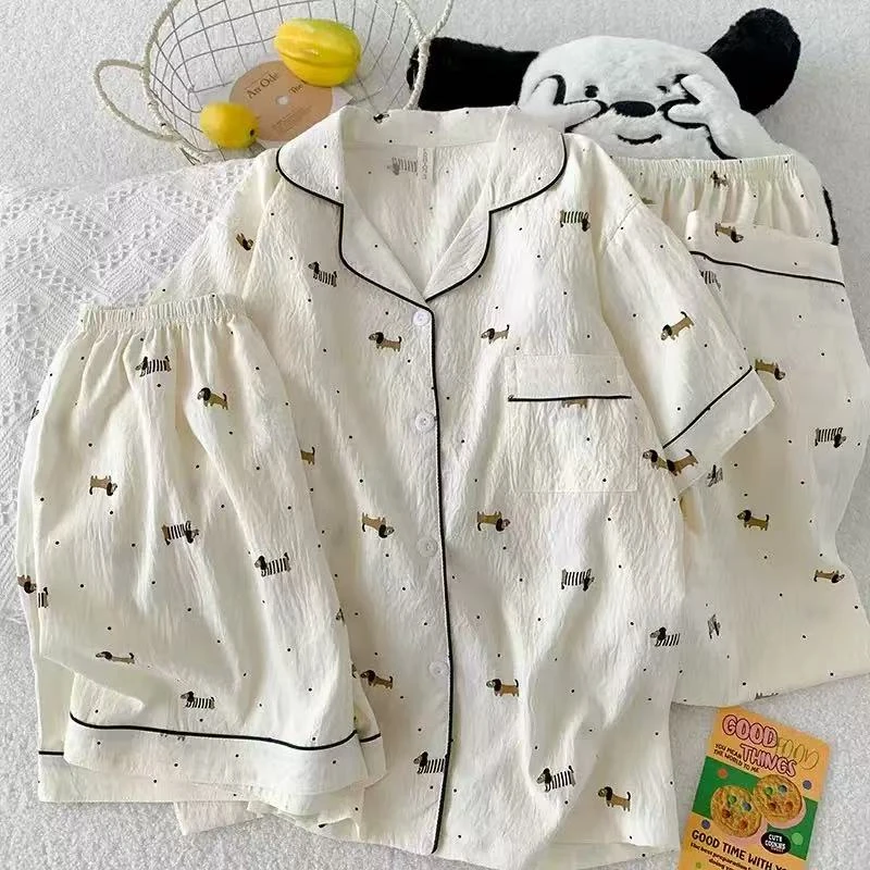 长裤短袖短裤夏季透气女装套装卡通韩版