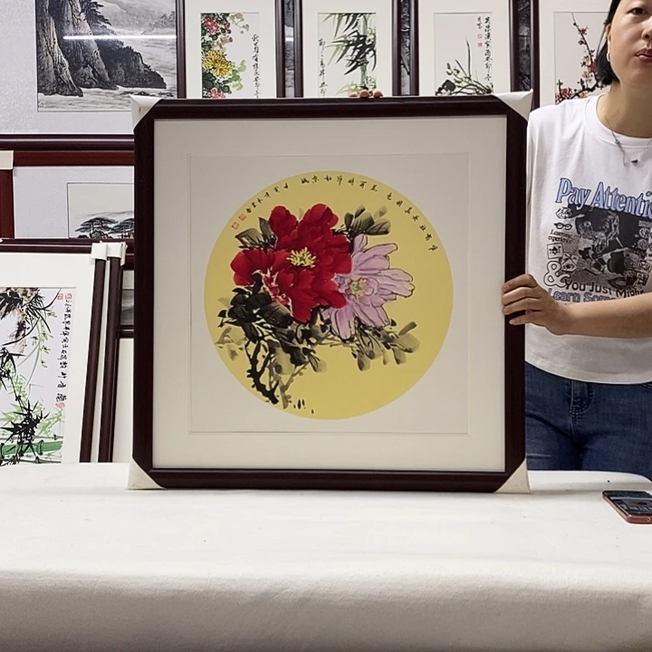 国画手绘带框发货65×65