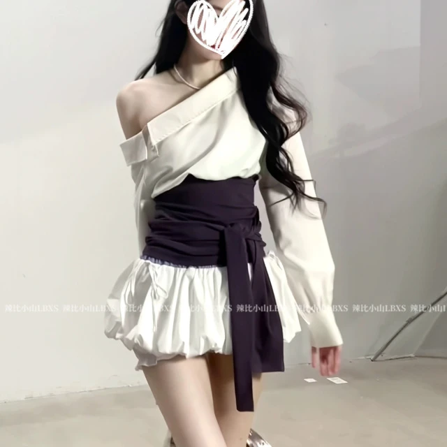 韩系辣妹风设计感拼接绑带斜肩长袖衬衫女高腰花苞半身裙裤两件套