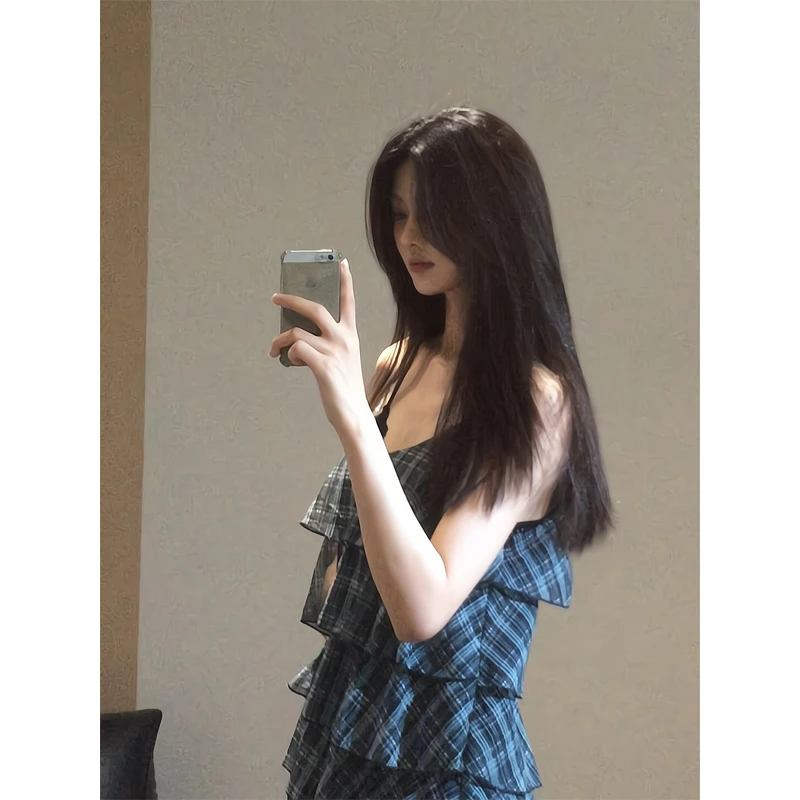 设计感荷叶边飘带撞色格子吊带背心裙摆上衣波点半身裙拼接A字裙