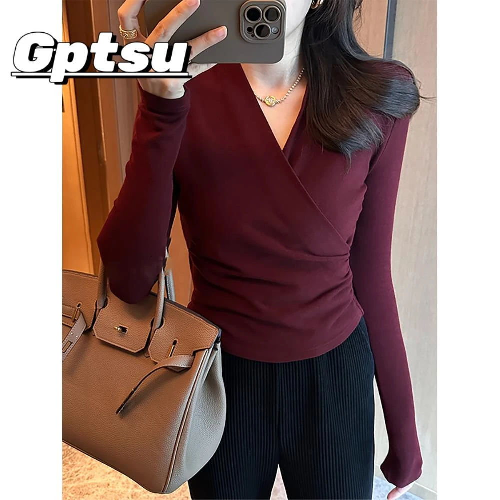 GPTSu女士高底酒红色V领针织底衬衫春秋季款时尚修身百搭显瘦上衣
