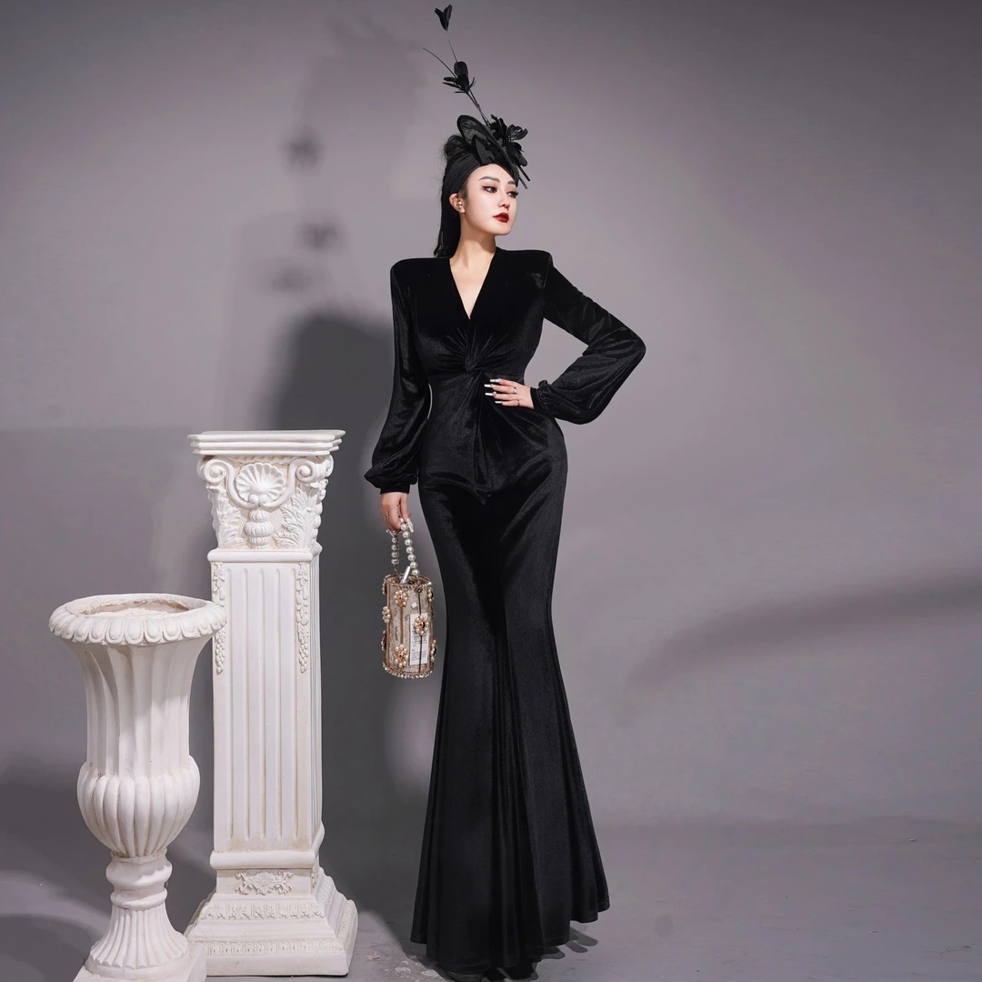 【星姐推荐】星原创高级定制【爱尔兰】设计师款扭结灯笼袖丝绒鱼尾裙