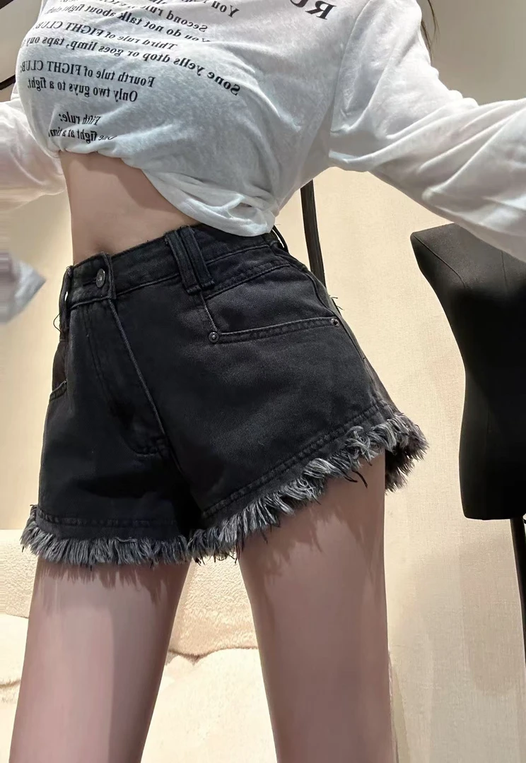 【HuiHui】小众高弹力百搭辣妹高腰不规则短裤牛仔（H8532）