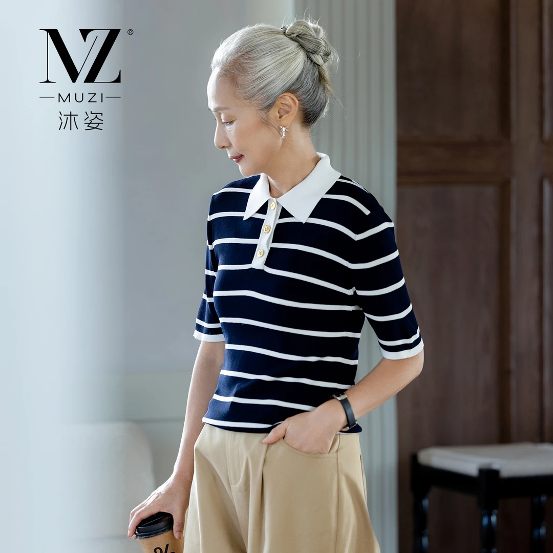 沐姿经典条纹夏季妈妈装上衣休闲通勤针织短袖T恤时尚POLO衫女装