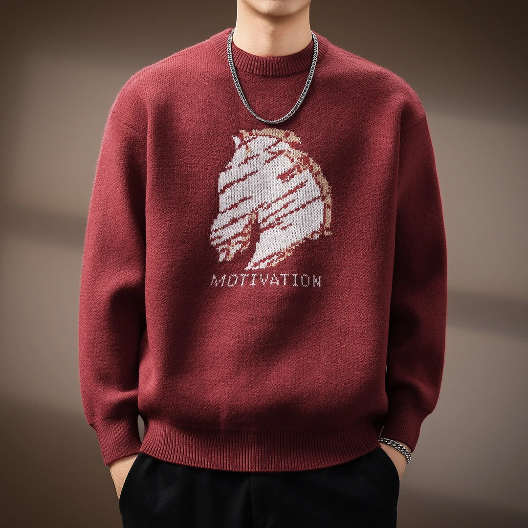 高端本命马年大红色宽松印花毛衣男士冬季潮流内搭圆领针织衫线衣