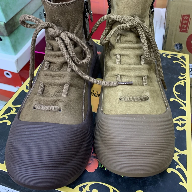 复古真皮厚底女款大头新款秋冬季牛皮靴子休闲加绒马丁靴602636