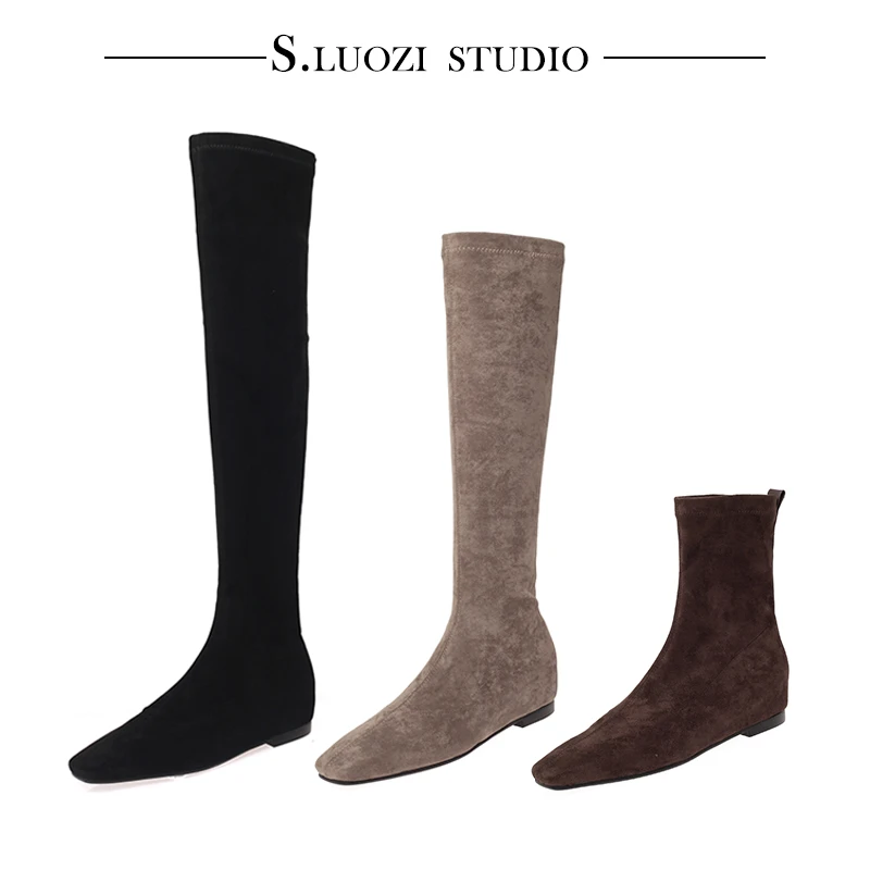 诗罗姿春秋百搭显瘦弹力靴女时尚内增高方头瘦瘦靴平底过膝长筒靴