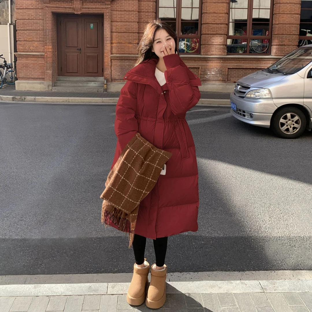 新年圣诞红长款羽绒服女冬季新款设计感针织拼接加厚90白鸭绒外套