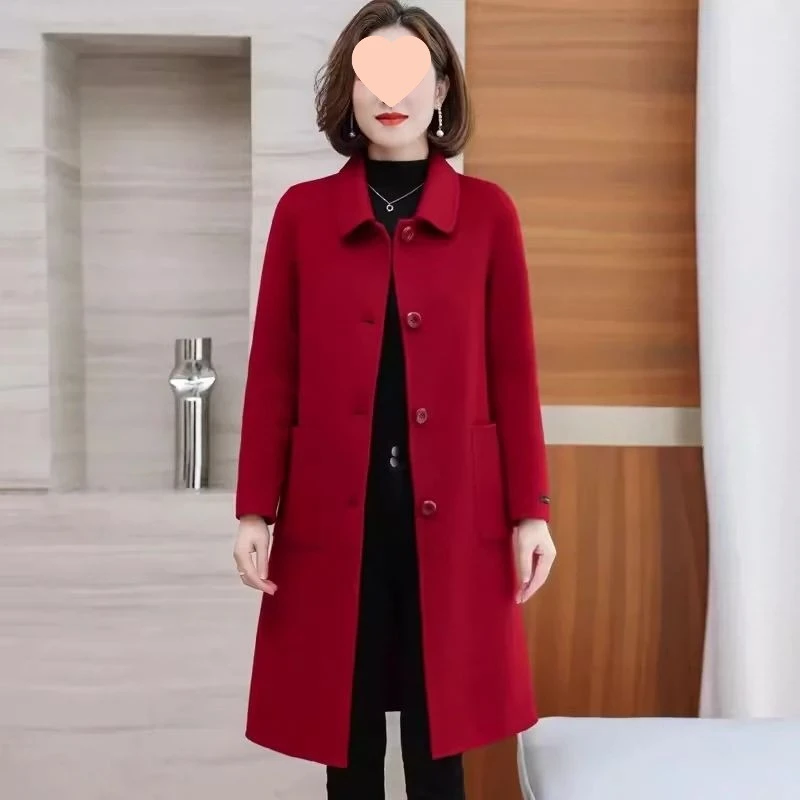 毛呢外套女士春秋冬季年新品妈妈夹棉加厚中长款呢子大衣