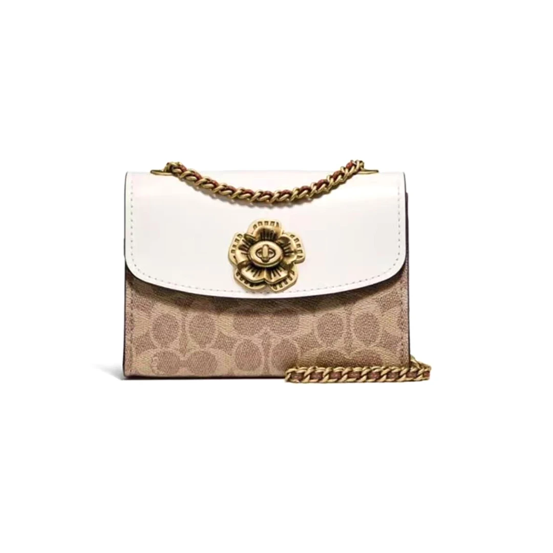 95新 COACH/蔻驰 焦糖色老花小号山茶花链条包/F2182/18X14X7