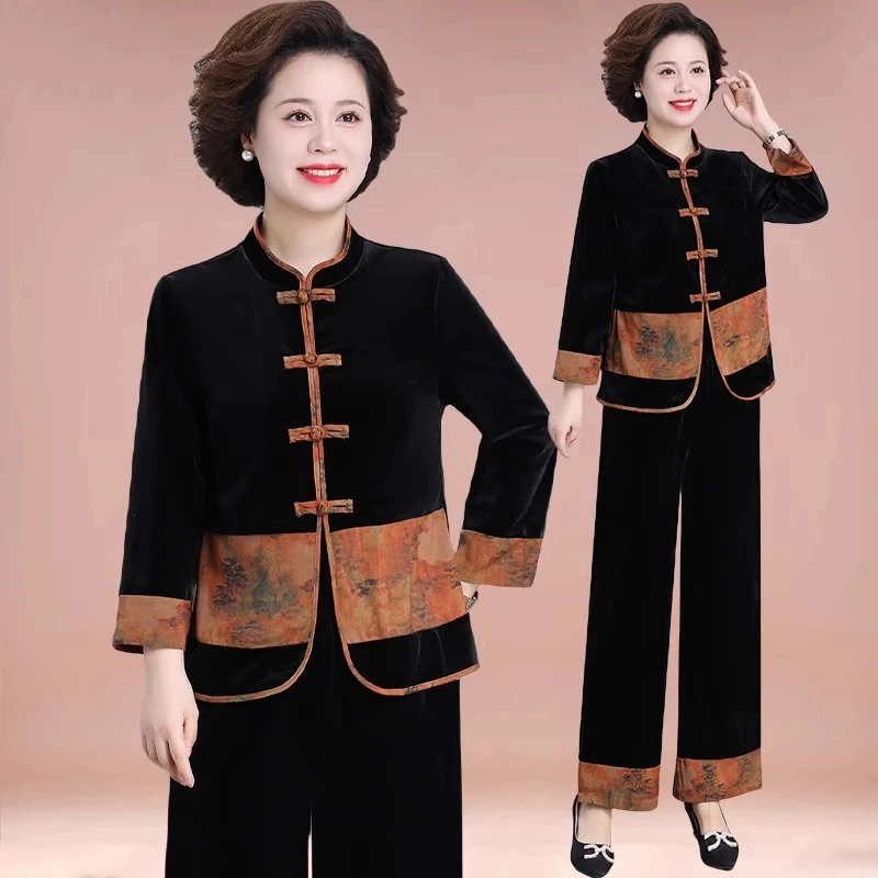 中年妈妈春装洋气金丝绒套装新中式中老年人女装春秋款外套民族风