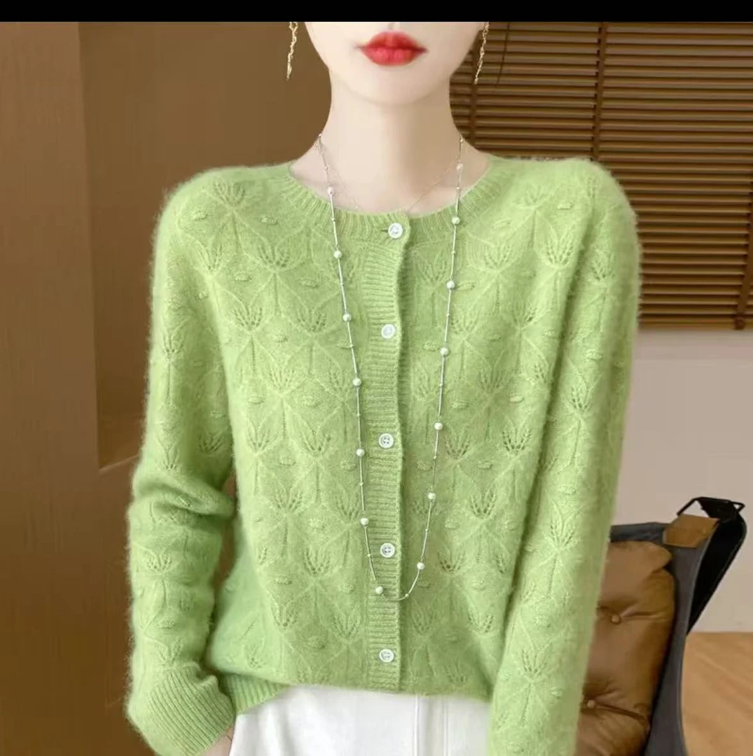 圆领100%纯羊毛镂空开衫女秋冬新宽松大码羊绒衫针织外套打底毛衣