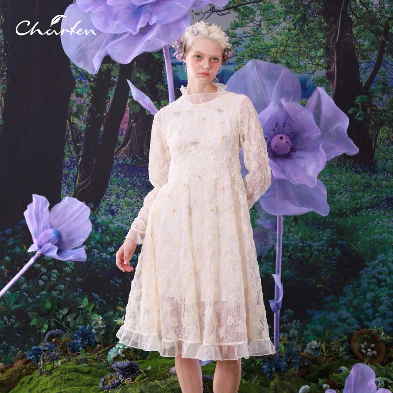 CHARFEN朝峰优雅气质蕾丝刺绣长袖连衣裙CFC1A109-112G