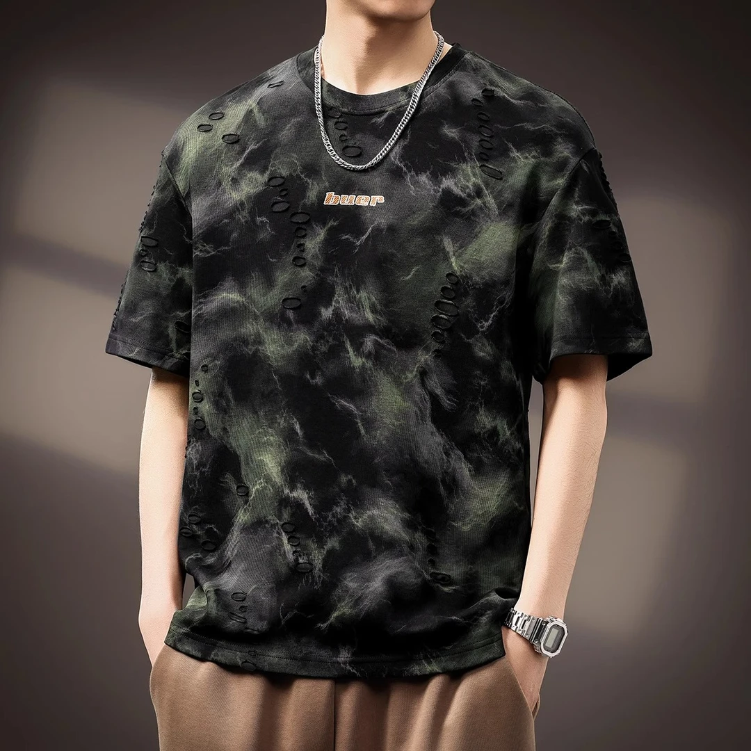 MR.MUDI/穆迪先生感破洞复古男士短袖夏新款潮牌宽松休闲半袖T恤