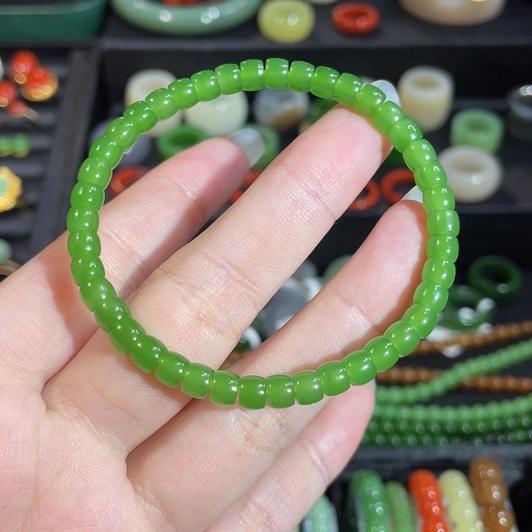 和田玉（碧玉）未镶嵌手串卡5 碧玉高色果绿直切手串