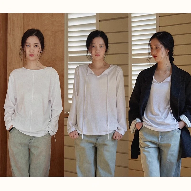 Nice people2025SS 竹节肌理感前后两穿系带显瘦短袖长袖T恤