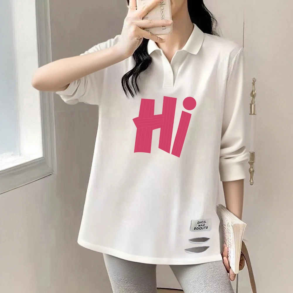 韩版长袖POLO领减龄慵懒风女士上衣小清新印花秋季新款中长款t恤