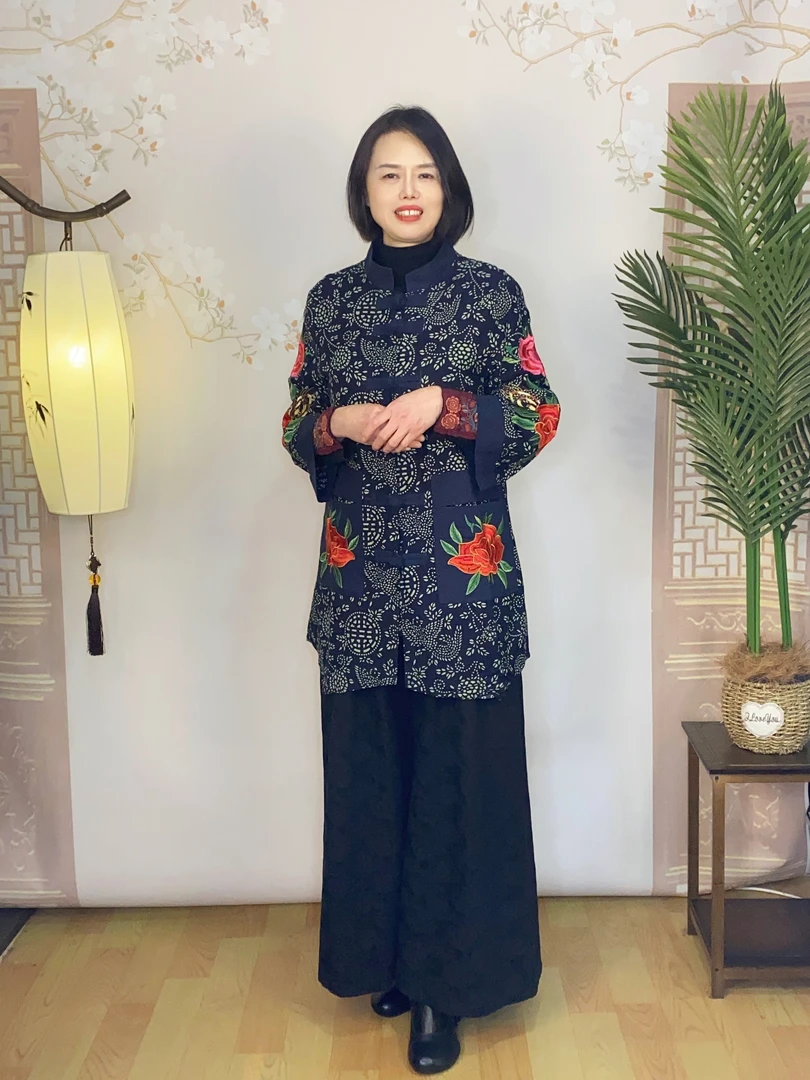 <花满溪>布依坊春秋国风中长款重工刺绣小立领特色印花款上衣8825