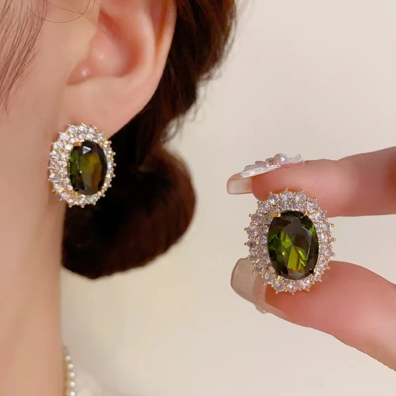 kasiya/卡思雅 铜合金仿水晶耳饰 橄榄绿宫廷风款耳钉