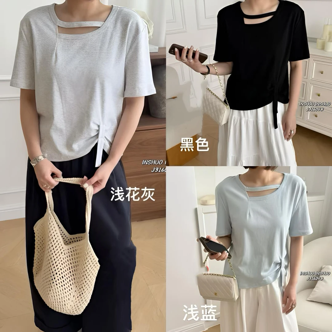 休闲风设计款T恤抽褶短袖