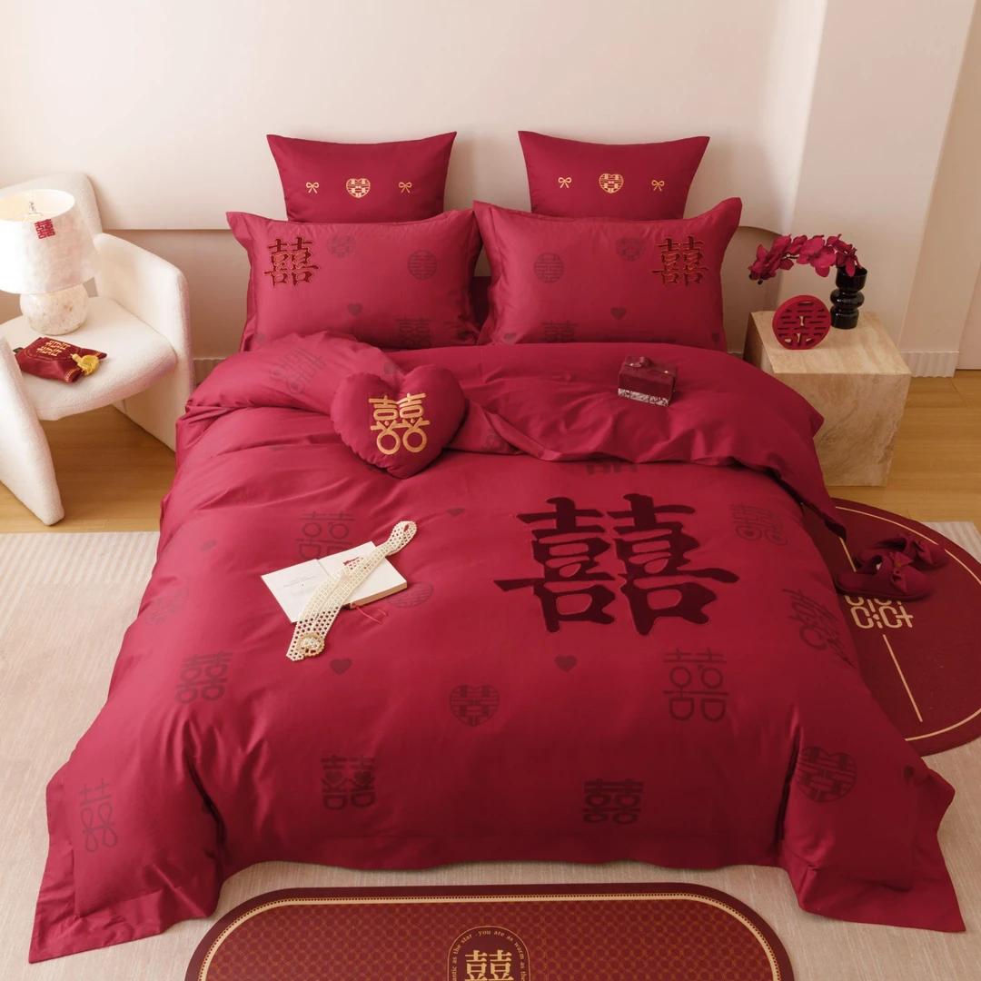 孔龙 喜上加喜 结婚婚庆高定数码+贴布刺绣轻奢全棉四件套