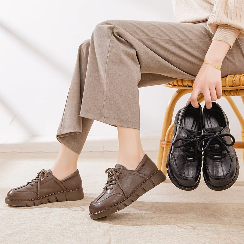 7216春秋款系带复古真皮软底舒适轻便百搭防滑厚底皮鞋妈妈鞋单鞋