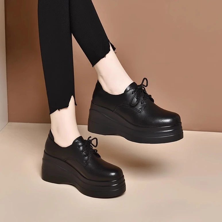 圆头真皮系带厚底深口坡跟皮鞋2025秋季新款英伦风松糕底增高单鞋