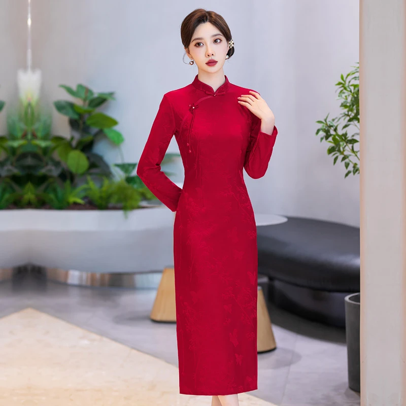 外嫁女回娘家服装礼仪迎宾年会颁奖礼服裙红色旗袍春秋款喜婆婆装