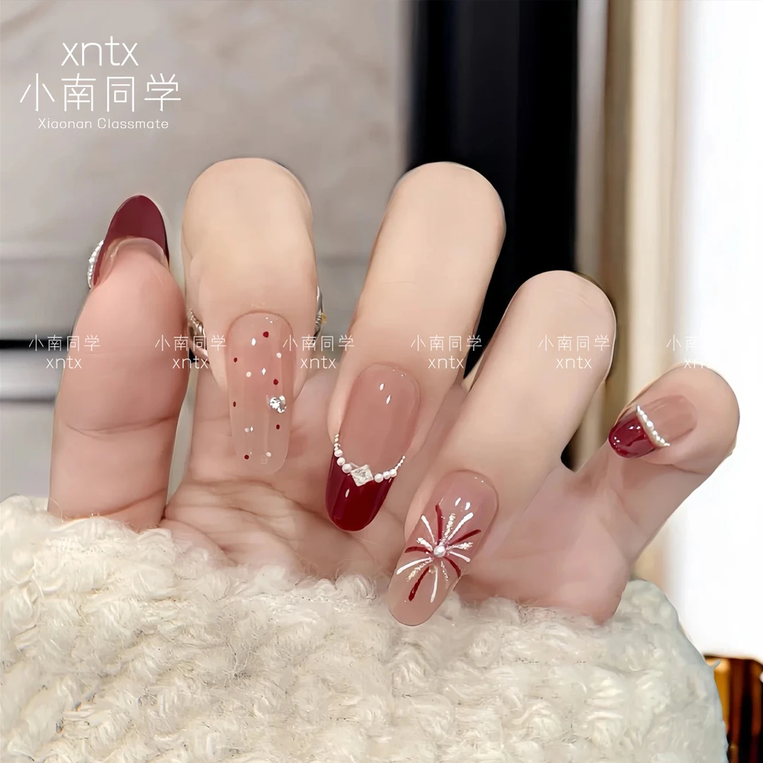 【幸运烟花】美甲冰透猫眼手工穿戴甲长款指甲贴片红色新娘结婚甲片