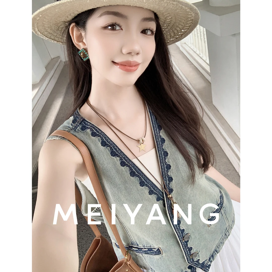 美洋MEIYANG 吉普赛牛仔马甲【商场同款】天丝棉V领刺绣花边