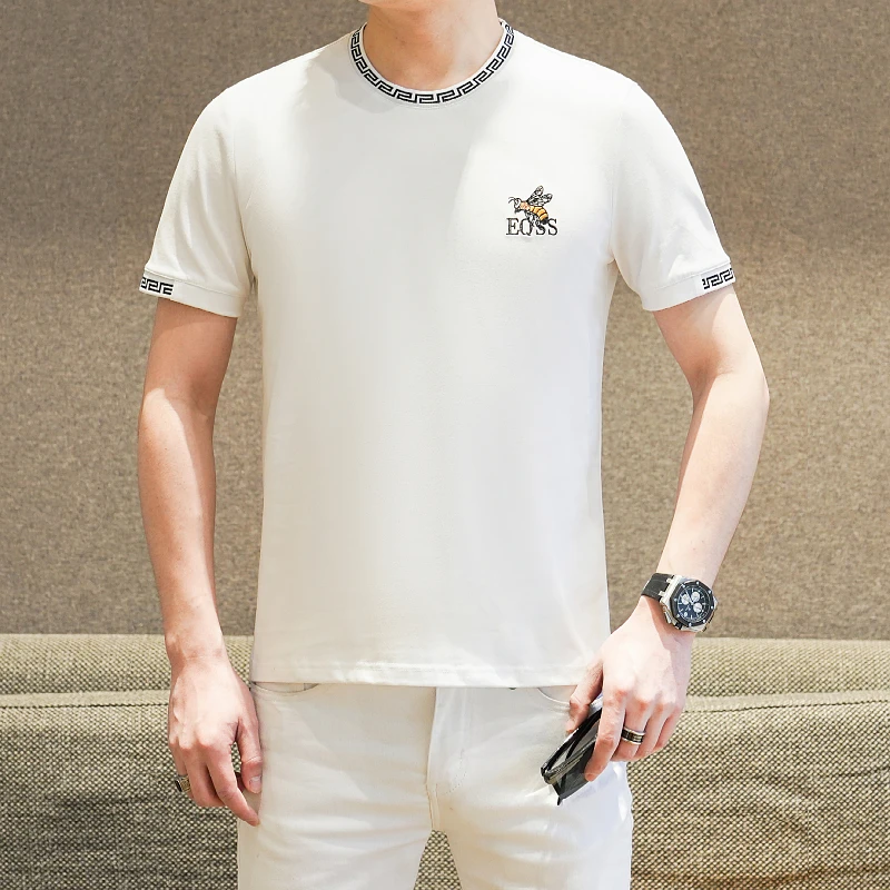 【品牌定制】2025夏季新款时尚古家蜜蜂刺绣丝光棉休闲男士短袖T恤