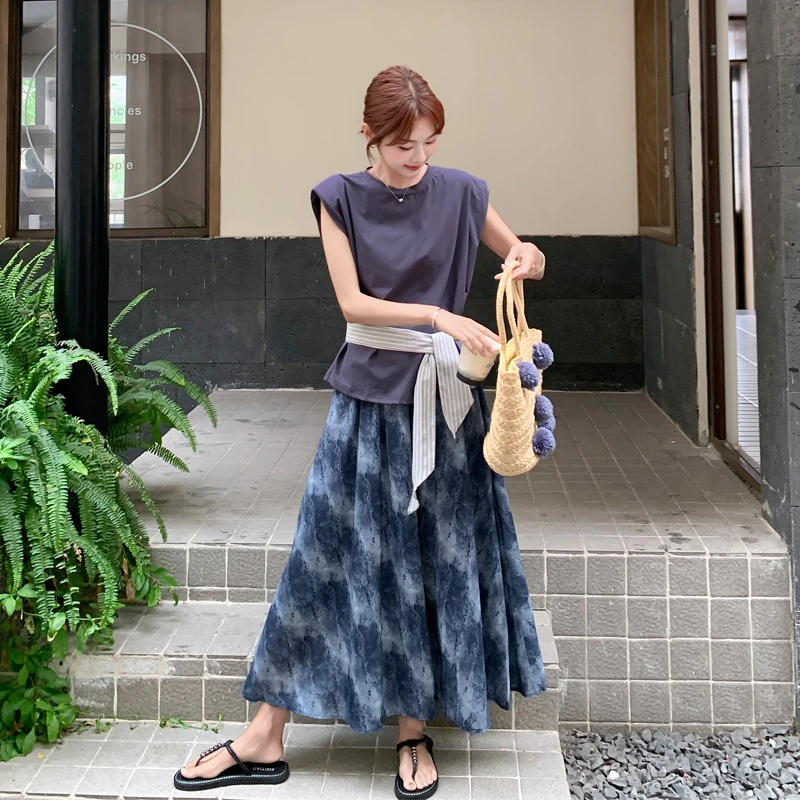 韩系ins风套装裙2025女夏新款优雅气质松弛感T恤扎染半身裙两件套