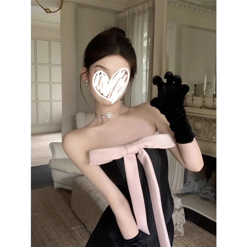 固质小香风蝴蝶结鱼骨吊带背心女外穿纯欲辣妹性感抹胸一字肩上衣